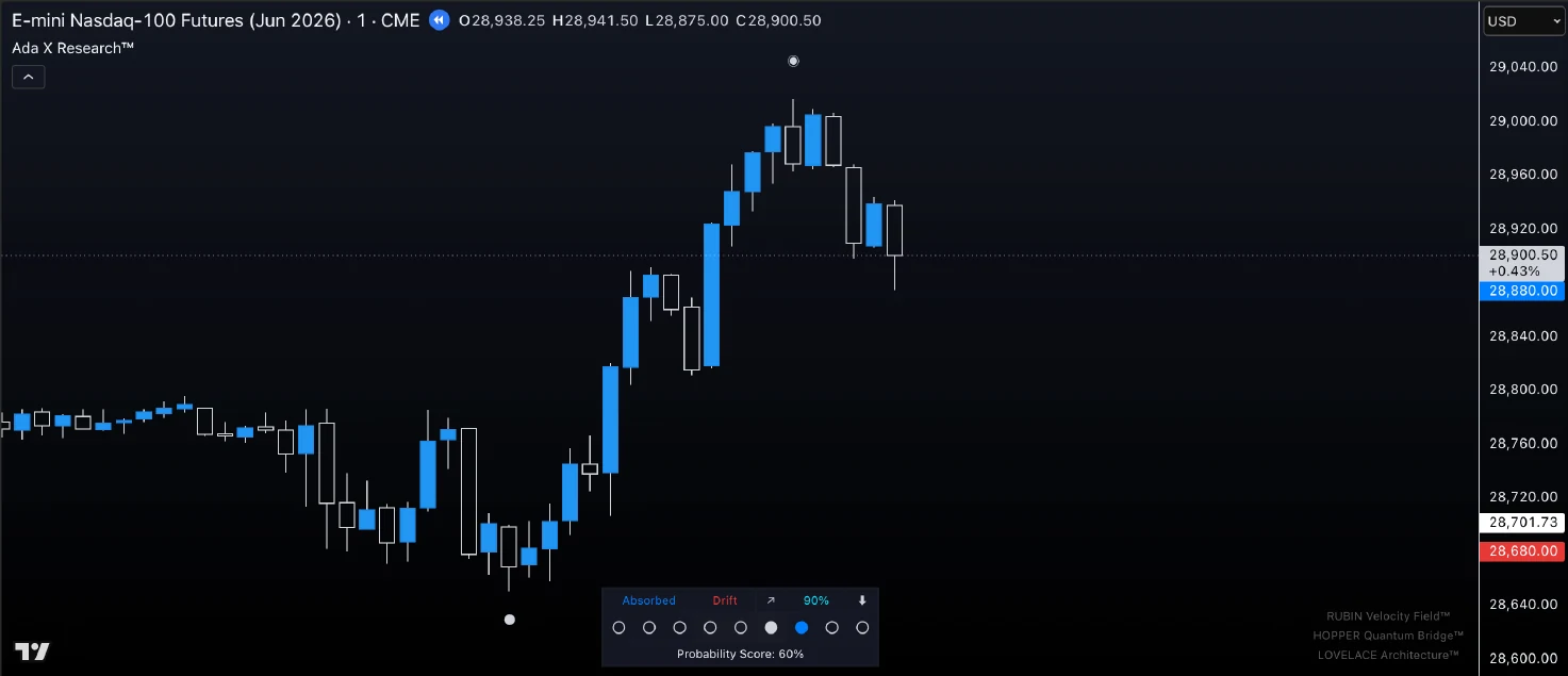 NQ June 11 Rubin Velocity Field after screenshot showing the move resolving after more than 100 points
